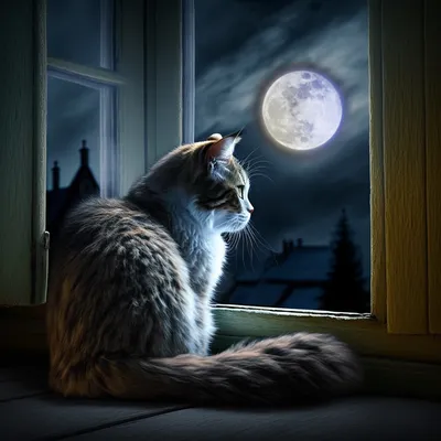 Кошка смотрит на Луну | Пикабу