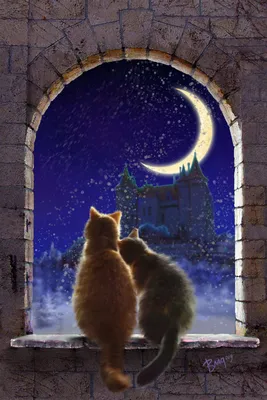 Иллюстрация Кошки и луна в стиле реализм, 2d | Illustrators.ru