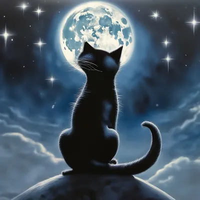 Кошка черная смотрит на луну луна …» — создано в Шедевруме