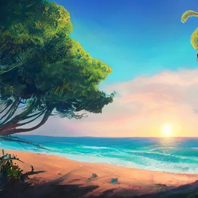 Картинки лето, пляж, пальмы, небо, солнце, закат, море, фотошоп - обои  1920x1080, картинка №109259