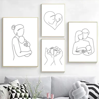Семейный портрет мама два ребенка Близнецы художественная линия рисунок  плакат печатная фотография абстрактная фотография | AliExpress