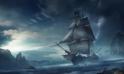 парусный корабль в штормовом море по небу с молнией. создан. Стоковое  Изображение - изображение насчитывающей морск, море: 269420671