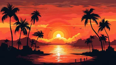 Закат на силуэте пляжа пальмы в океане. Стоковое Изображение - изображение  насчитывающей красно, небо: 178283283