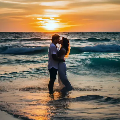 Силуэт чувственной пары стоит в воде на пляже с закатом над поверхностью  моря на заднем плане. Пара влюбленных на романтическом свидании держатся за  руки вечером на берегу моря. Романтика и любовь .
