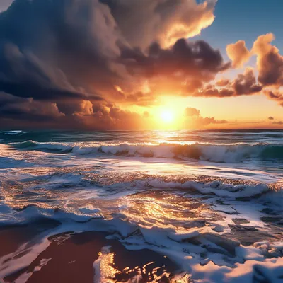 Пляж, волны, море, закат, тучи, …» — создано в Шедевруме