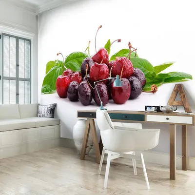 Флизелиновые фотообои 3Д фрукты для кухни с листьями 254x184 см Сочные  вишни и черешни (1570V4)+клей купить по цене 1200,00 грн