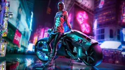 Обои girl, city, neon, motorcycle, art, cyberpunk на рабочий стол
