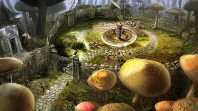 Алиса в стране чудес большие грибы и цветы маленькая девочка - обои на рабочий  стол