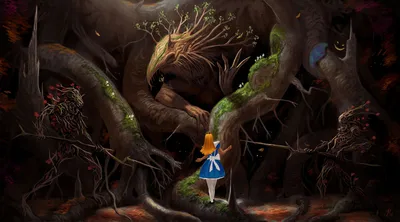 Обои на рабочий стол Алиса идет по тропинке в грибном лесу, арт к фильму  Алиса в стране чудес / Alice in Wonderland, by Dylan Cole, обои для рабочего  стола, скачать обои, обои