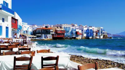Скачать обои море Греция — Кафешка у берега (3840x2160)