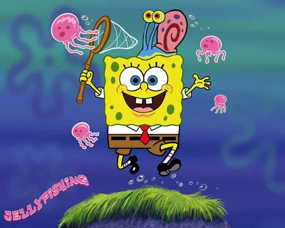 Обои на рабочий стол Губка Боб / SpongeBob Square Pants с улиткой Гери  охотятся на медуз (Jellyfishing), обои для рабочего стола, скачать обои,  обои бесплатно