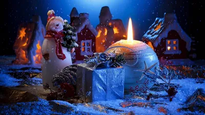 Обои новый год, огни, праздник, снег, зима, рождество, свеча, снеговик на рабочий  стол