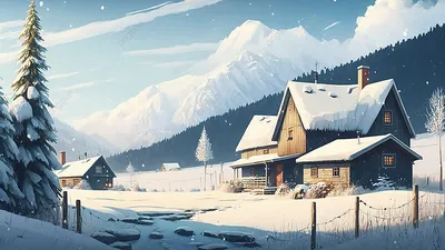 Зимний снежный дом вдали горы иллюстрация фон, зима, снежная сцена, дома  фон картинки и Фото для бесплатной загрузки