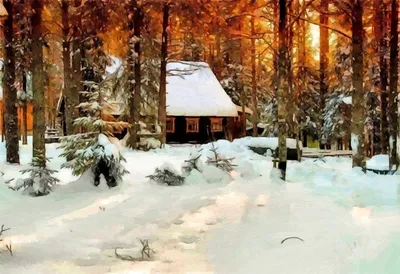 Обои холст, дом, масло, картина, снег, зима, лес, деревья на рабочий стол