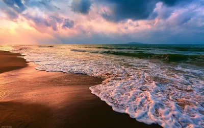 Скачать обои закат, море, океан, пляж, волны на рабочий стол из раздела  картинок Закат солнца