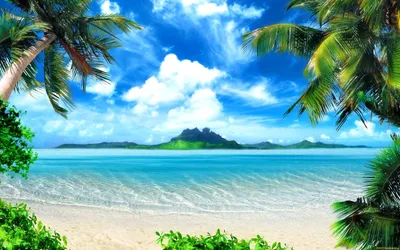 Обои Природа Тропики, обои для рабочего стола, фотографии природа, тропики,  пальмы, море, пляж, пейзаж, рай, остров, облака Обои для рабочего стола,  скачать обои картинки заставки на рабочий стол.