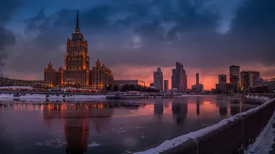 Фотографии Москва Россия зимние Реки Вечер Пристань Дома 1920x1080