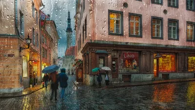 Фон рабочего стола где видно Таллин, Эстония, город, вечер, дождь, осень,  улочка, дома, магазины, стекло в каплях дождя