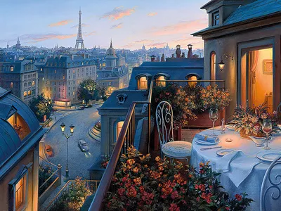 Обои на рабочий стол Столик на двоих среди цветов на террасе с видом на  Эйфелеву башню, Париж / la tour Eiffel, Paris, художник Евгений Лушпин,  обои для рабочего стола, скачать обои, обои