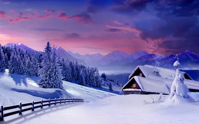 Обои зима, снег, поле, дом, деревья на рабочий стол