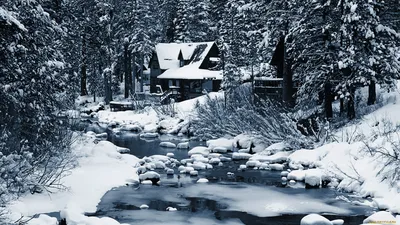 Обои Природа Зима, обои для рабочего стола, фотографии природа, зима,  домик, река, снег, лес Обои для рабочего стола, скачать обои картинки  заставки на рабочий стол.