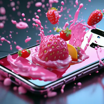 Еда в телефоне, брызги, розовый, 3D…» — создано в Шедевруме