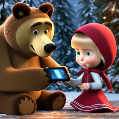 Медведь отдаёт Маше мобильный …» — создано в Шедевруме