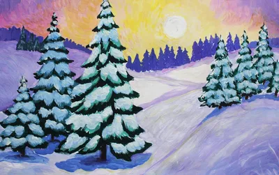 Рисунок зимний лес красками - 54 фото