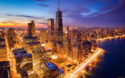 Обои Города Чикаго (США), обои для рабочего стола, фотографии города,  чикаго , сша, панорама, вечер, огни Обои для рабочего стола, скачать обои  картинки заставки на рабочий стол.