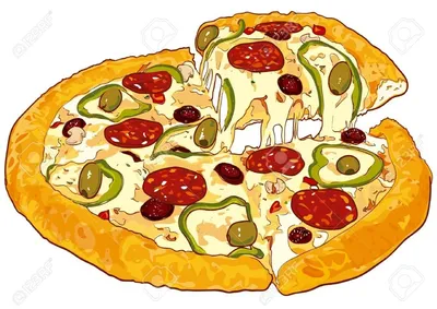 Нарисованный от руки цветной эскиз в стиле ломтика пиццы пицца с  моцареллой, томатным соусом, колбасой, оливками, креветками, плавленым  сыром, фаст-фуд, винтажная иллюстрация | Премиум векторы