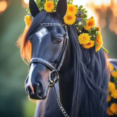 Черная лошадь с красивой густой …» — создано в Шедевруме