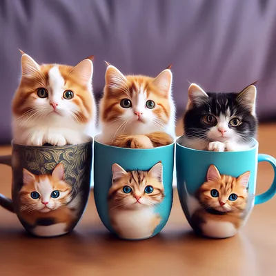 Семь няшных котиков сидят в чашках» — создано в Шедевруме