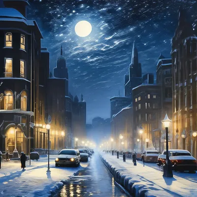 Лунная зимняя ночь в городе» — создано в Шедевруме