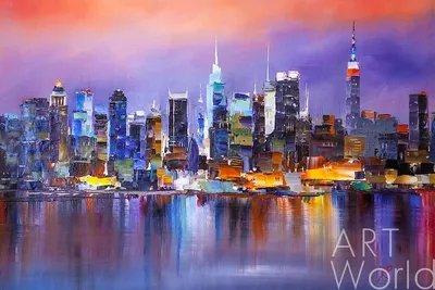 Картина маслом \"Огни ночного города. Нью-Йорк\" 70x100 JR190526 купить в  Москве