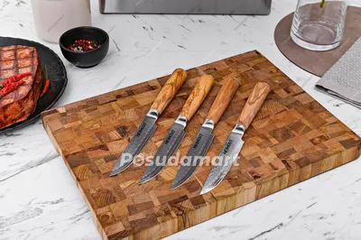 Набор из 4 дамасских ножей с доской для ножей из дерева акации Wakoli Edib  Pro