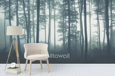 Обои лес в тумане на стену купить в студии Alltowall. Обои на заказ -  печать бесшовных дизайнерских обоев для стен по своему рисунку