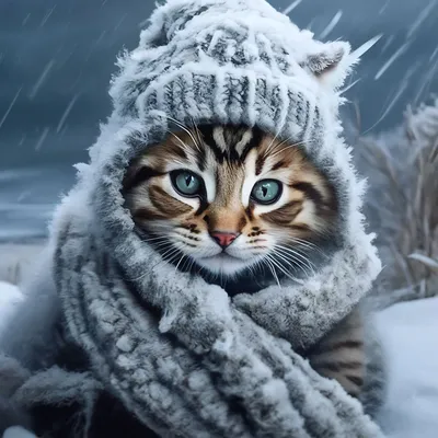 Котенок в шапке и шарфе замерзает …» — создано в Шедевруме