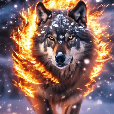 Волк , в эффекте огня+крылья+снег+…» — создано в Шедевруме