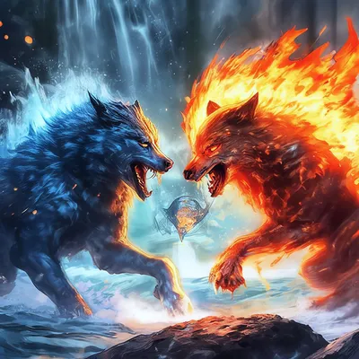Гигантский огненный волк и сильный …» — создано в Шедевруме