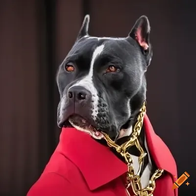 Funny image of a pitbull in a red suit giving a speech on stage on Craiyon