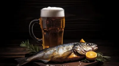Рыба пьет пиво на столе, …» — создано в Шедевруме