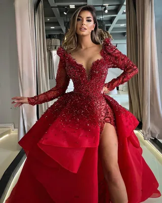 Красные вечерние платья с бисером, съемная юбка, сексуальное длинное платье  с высоким разрезом по бокам, женское платье из Дубая, платье для вечеринки  | AliExpress