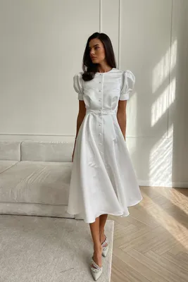 Платье в длине миди на пуговицах с пышной юбкой 00002155 белый молочный  купить в интернет-магазине Post Meridiem