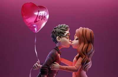 Обои на рабочий стол Парень держит в руке шар в виде сердечка с надписью  Love / любовь и целует девушку, обои для рабочего стола, скачать обои, обои  бесплатно