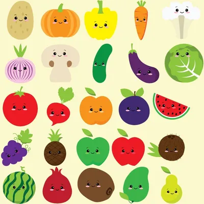 Счастливые мультяшные фрукты и садовые овощи с забавными персонажами |  Премиум векторы