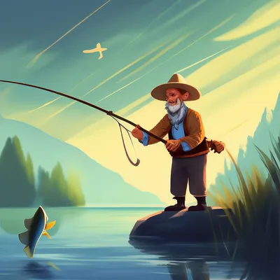 Рыбак с удочкой.тащит рыбу.река. …» — создано в Шедевруме