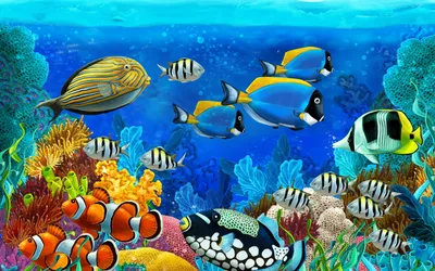 Фон рабочего стола где видно 2560х1600, рисованные обои, картинка,  подводный мир, рыбки разноцветные, кораллы, drawn wallpaper, picture,  underwater world, colorful fish, corals