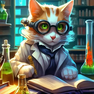 Кот-ученый, круглые очки, книги, …» — создано в Шедевруме