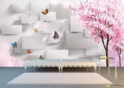 Фотообои с 3D эффектом - Дерево сакура и бабочки | Art-design.md - Печать  на виниловых обои на заказ Кишинев