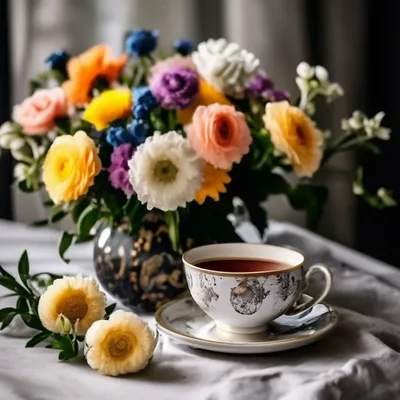 Картина “Чашечка Чая” с цветами натюрморт художник Оливия Кандра •  современные художники